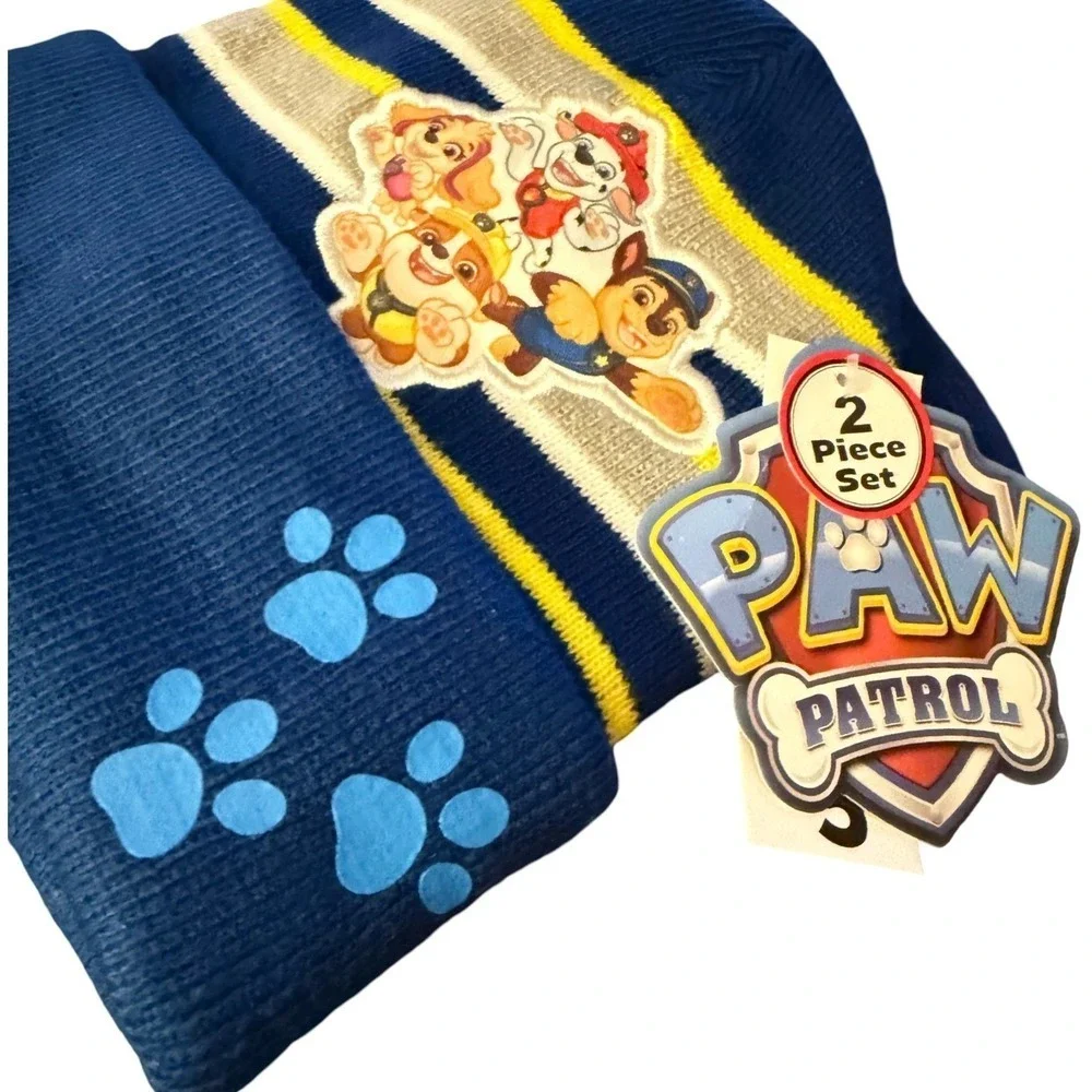 NWT Kids Paw Patrol 2 Piece Winter Hat and Mitten Set Blue Yellow Stripe 2-3 yr